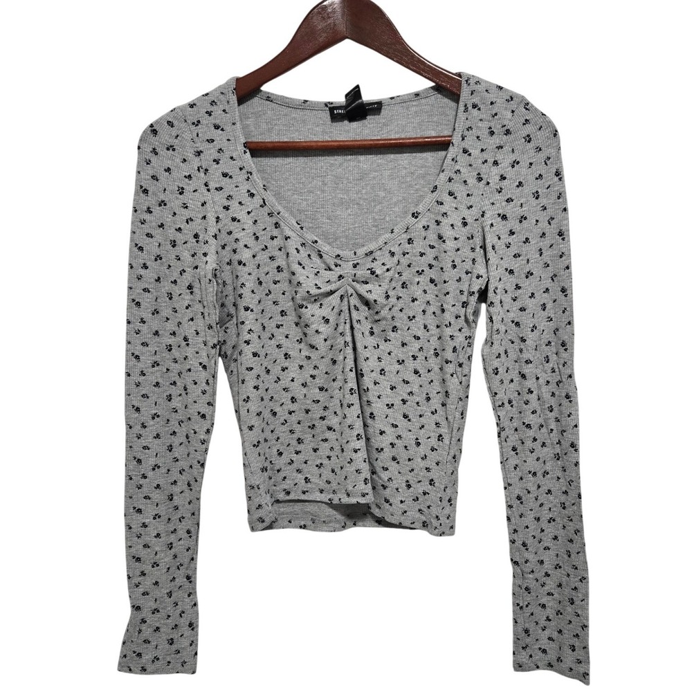 Streetwear Society Grey Floral Long‎ Sleeve Cropped Top Women's - Size XL